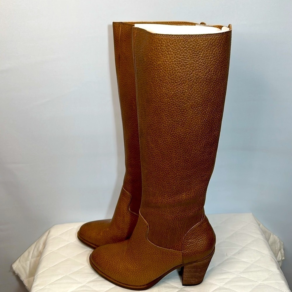Lucky Brand Epositoh Honey Cornelian Leather Knee-High Boots Size 8 Block Heels - Picture 13 of 15